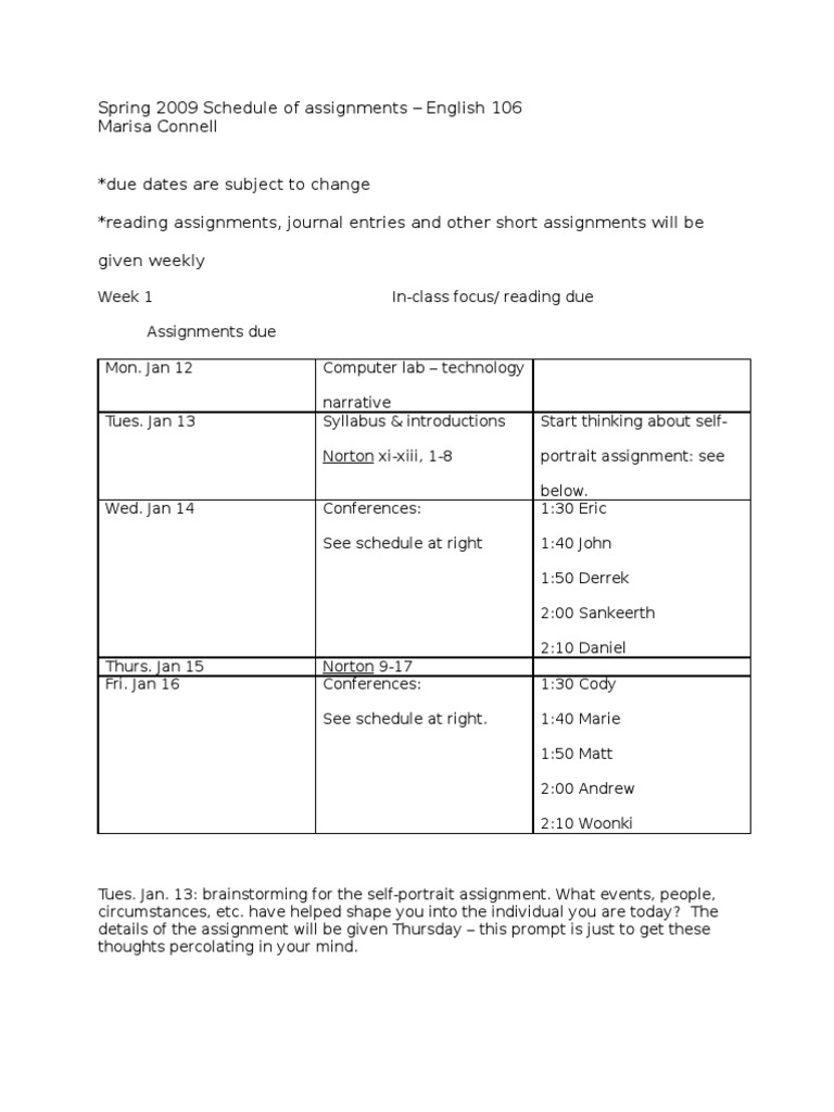 English 106 Spring 2009 Assignment Schedule | PDF | Cognition