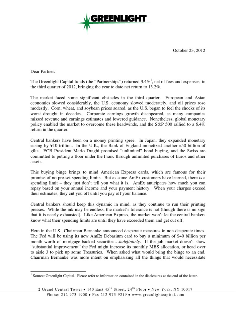 Greenlight Capital Q3 2012 Letter Federal Reserve System Patient