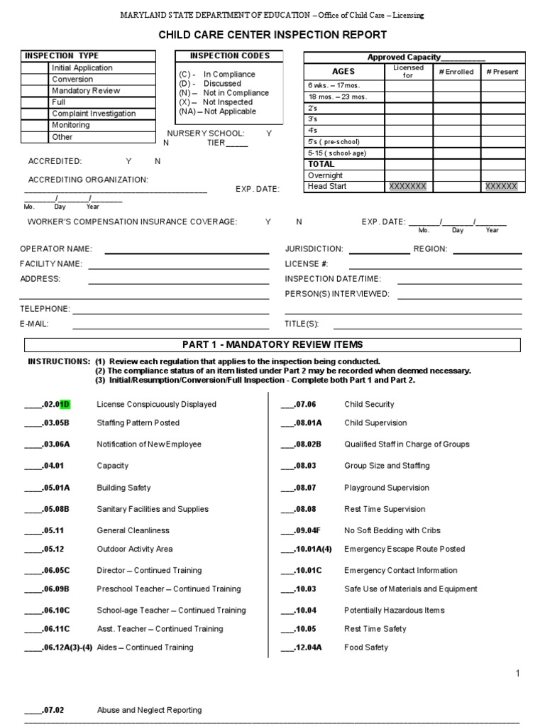 Maryland Child Care Center Inspection Form Day Care Child Care