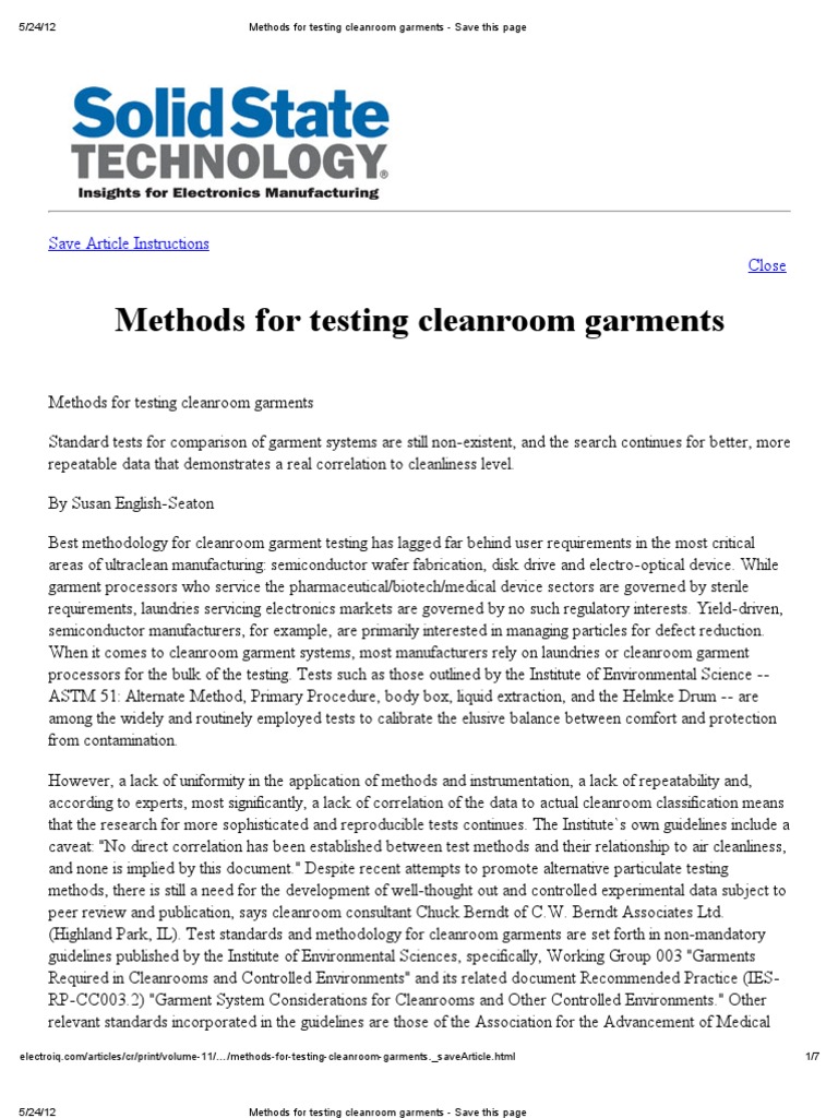 Cleanroom Garment Testing Methods | PDF | Sterilization (Microbiology ...