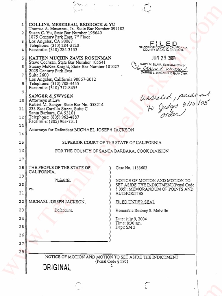 UNSEALED. Grand Jury Court Transcripts. People V Michael Jackson