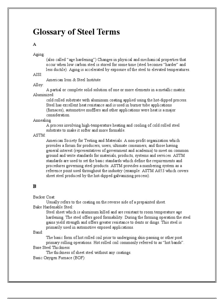 Glossary of Steel Terms PDF Rolling (Metalworking) Steel