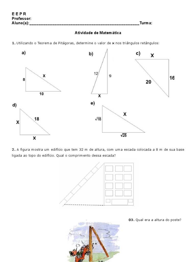Atividades de Matemática - Teorema de Pitágoras | PDF