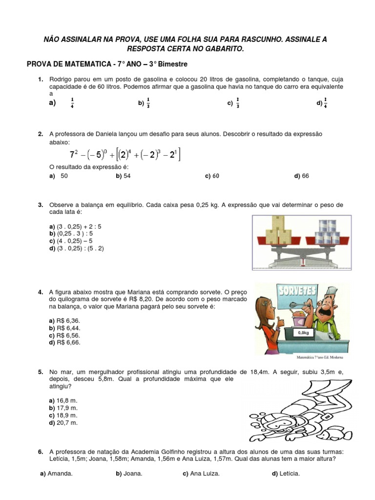 PROVA DE MATEMATICA - 7° Ano -3B
