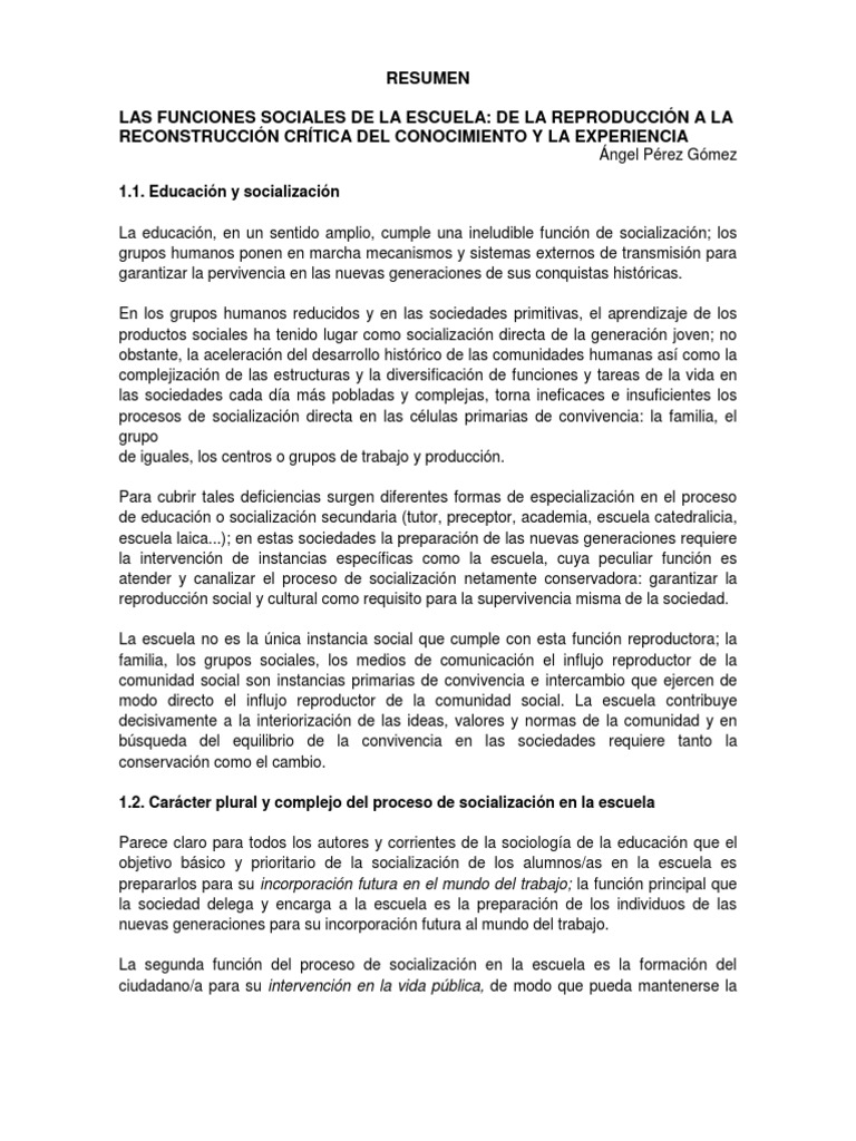 Funciones Sociales de la Escuela | PDF | Socialización | Sociedad