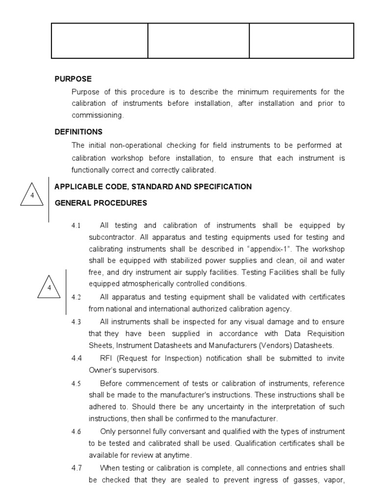 Method Statement for Instrument Calibration Calibration Pressure