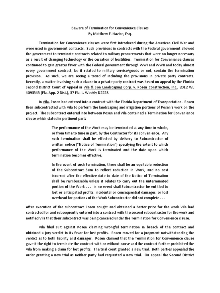 Beware of Termination For Convenience Clauses 10 25 12 | PDF | Judgment ...