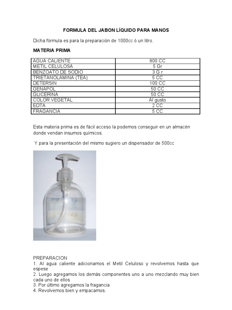 FORMULA DEL JABON LÍQUIDO PARA MANOS Jabón Sustancias