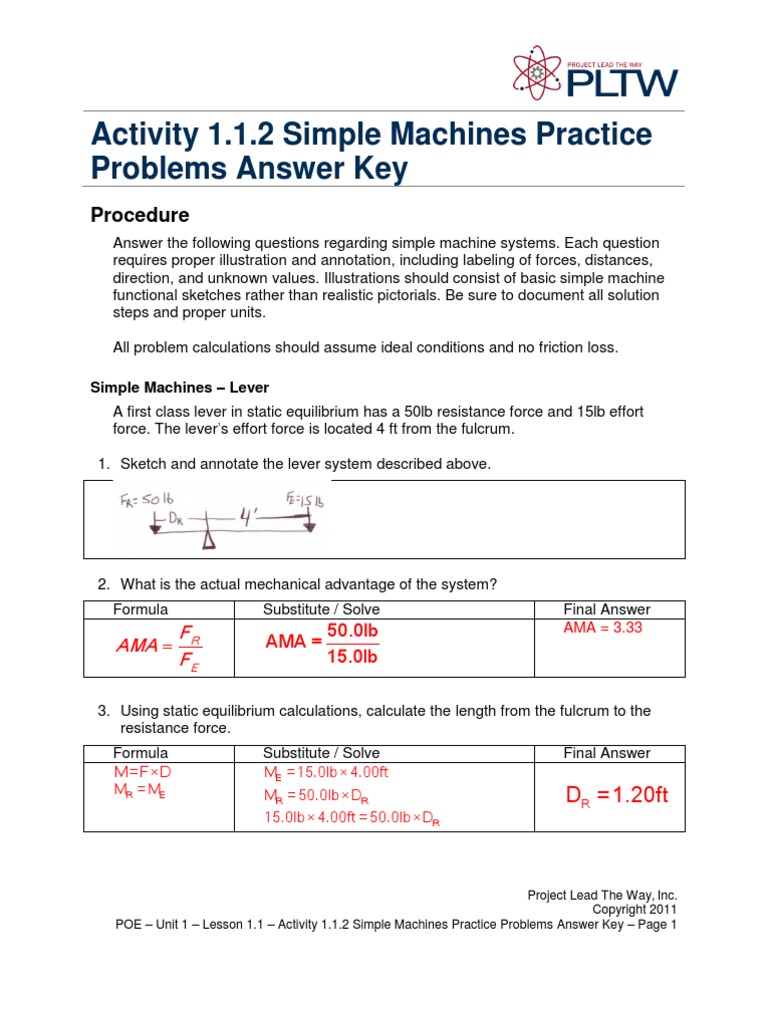 worksheet Simple Machines And Mechanical Advantage Worksheet Answers a1 1 2simplemachinespracticeproblemsanskey1 lever machines