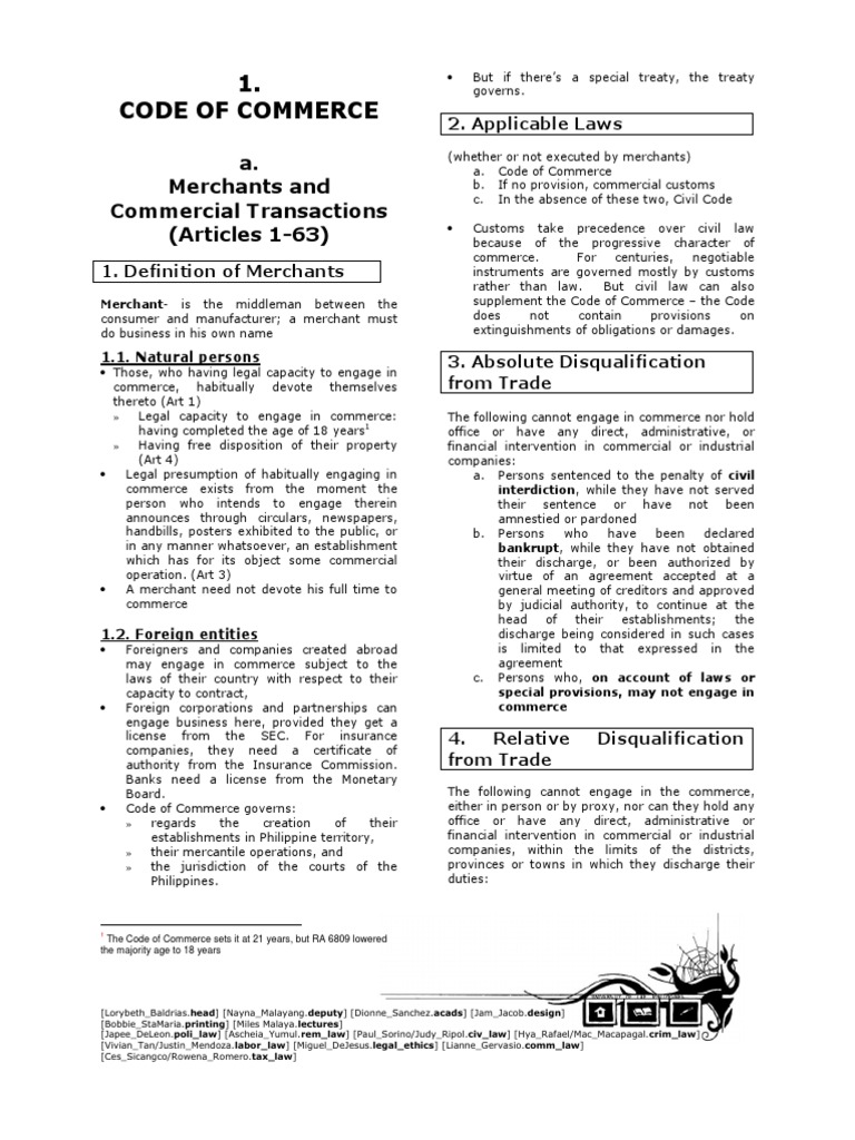Code of Commerce: A. Merchants and Commercial Transactions (Articles 1 ...