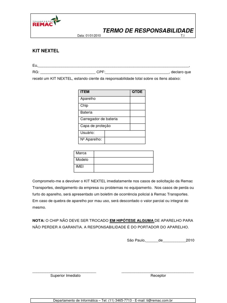 Termo de Responsabilidade Aparelho Nextel