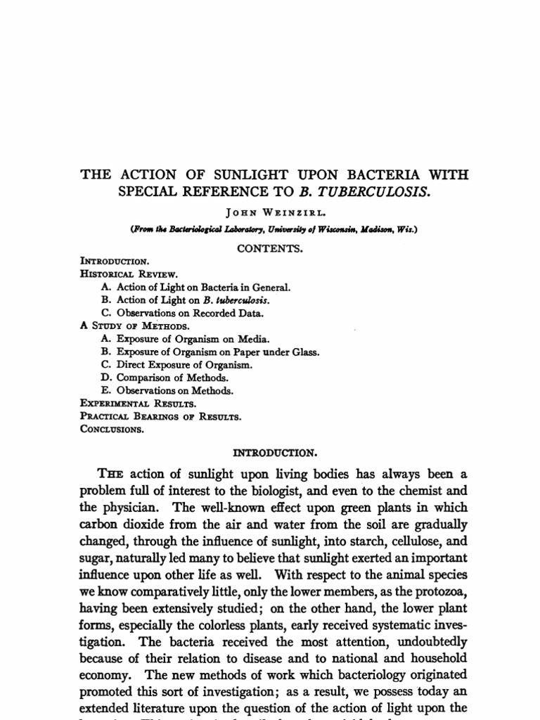 Action of Sunlight PDF Bacteria Tuberculosis