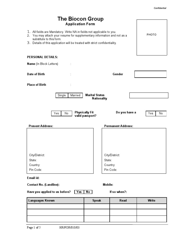 Biocon Group Recruitment Application Form - 2010 | PDF