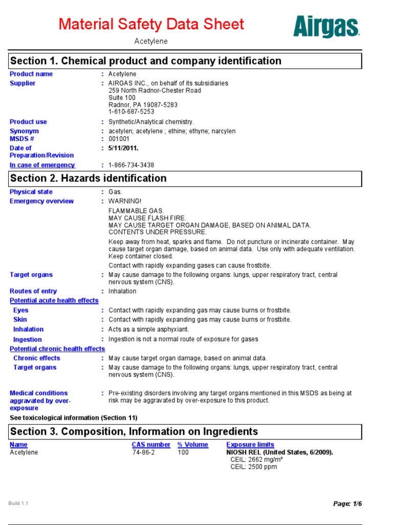 MSDS Acetylene Dangerous Goods Safety