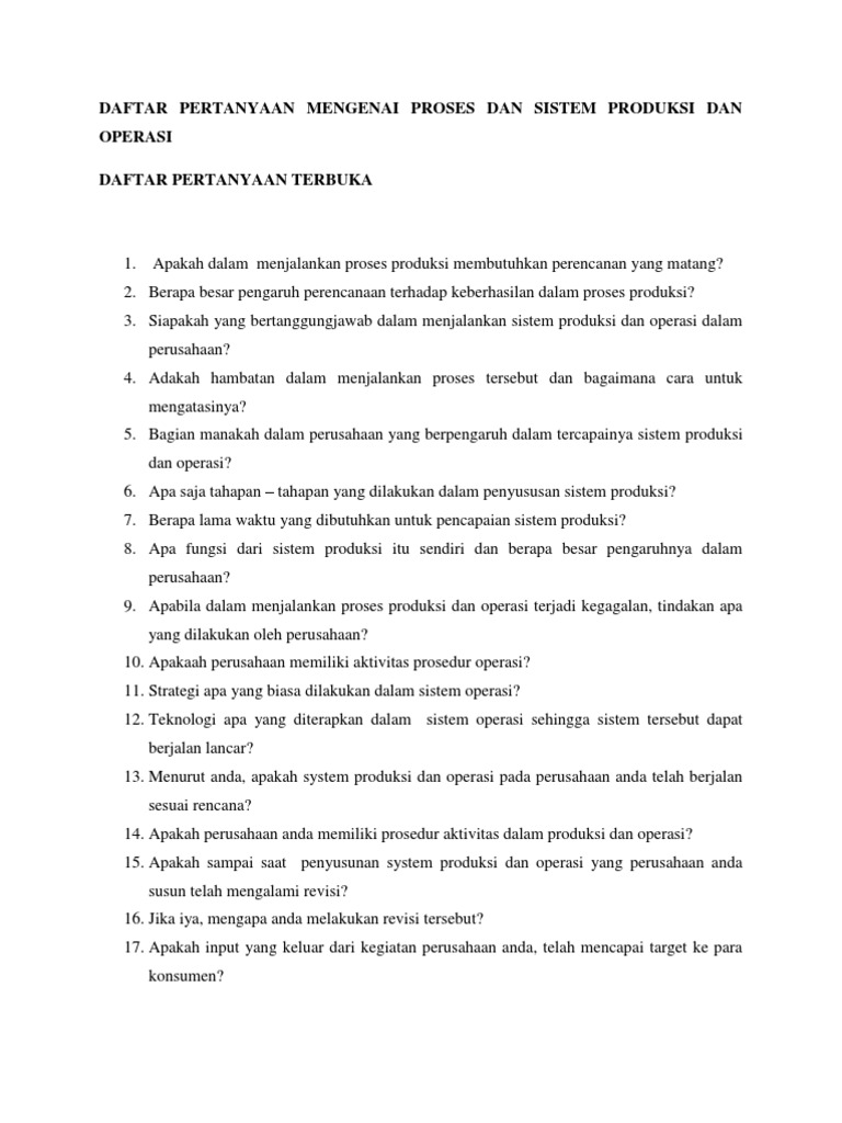 Daftar Pertanyaan Mengenai Proses Dan Sistem Produksi Dan Operasi