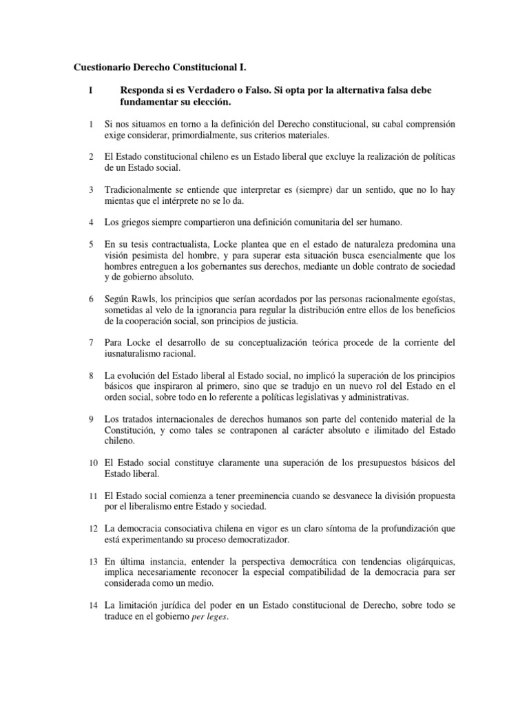 Cuestionario de Derecho Constitucional I | PDF | Constitución | Democracia