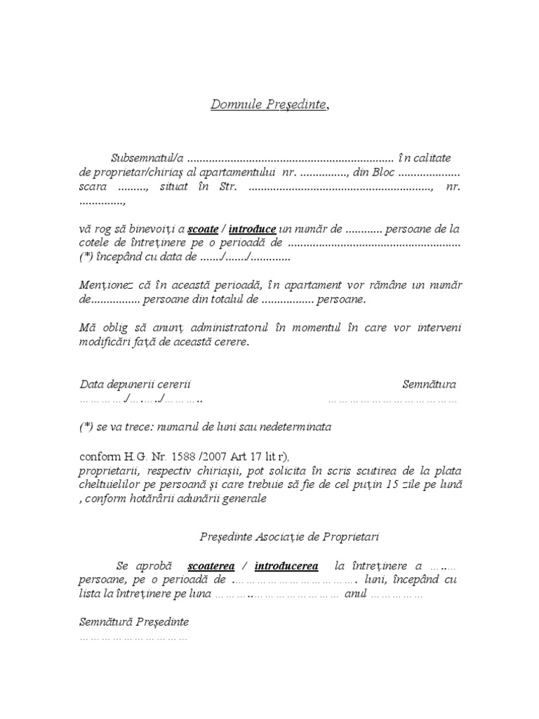 Cerere Scoatere Intretinere