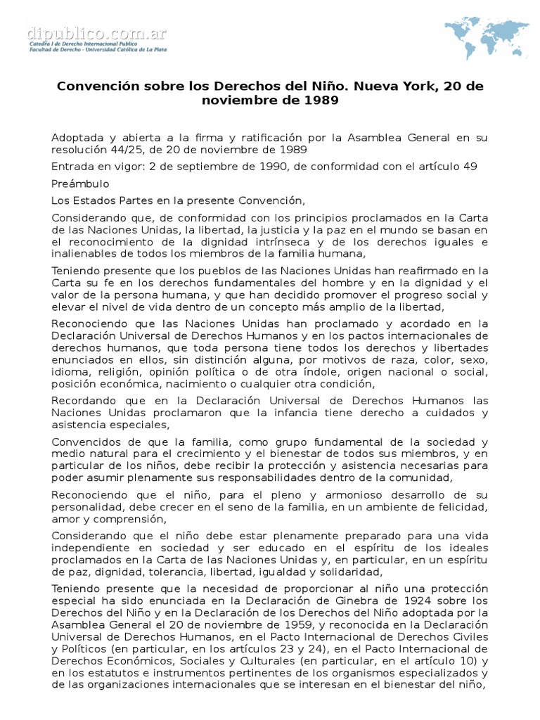 Convención Sobre Los Derechos Del Niño. Nueva York, 20 de Noviembre de