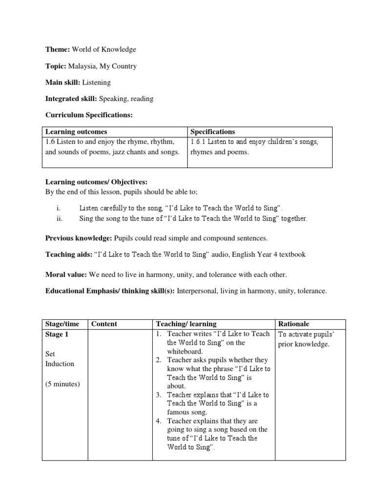 Lesson Plan 3 (World of Knowledge Year 4) | PDF | Singing | Teachers
