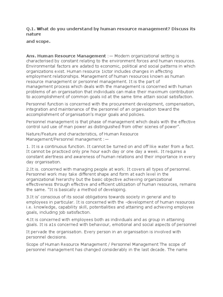 Q.1. What Do You Understand by Human Resource Management? Discuss Its