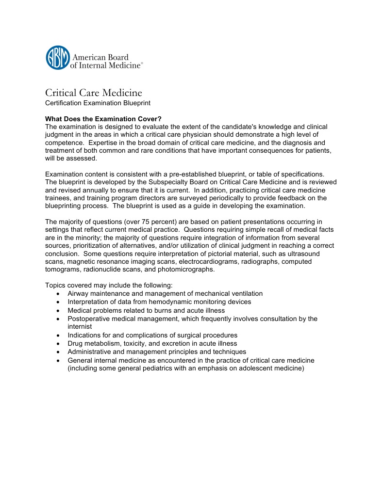 Critical Care Medicine Certification Examination Blueprint