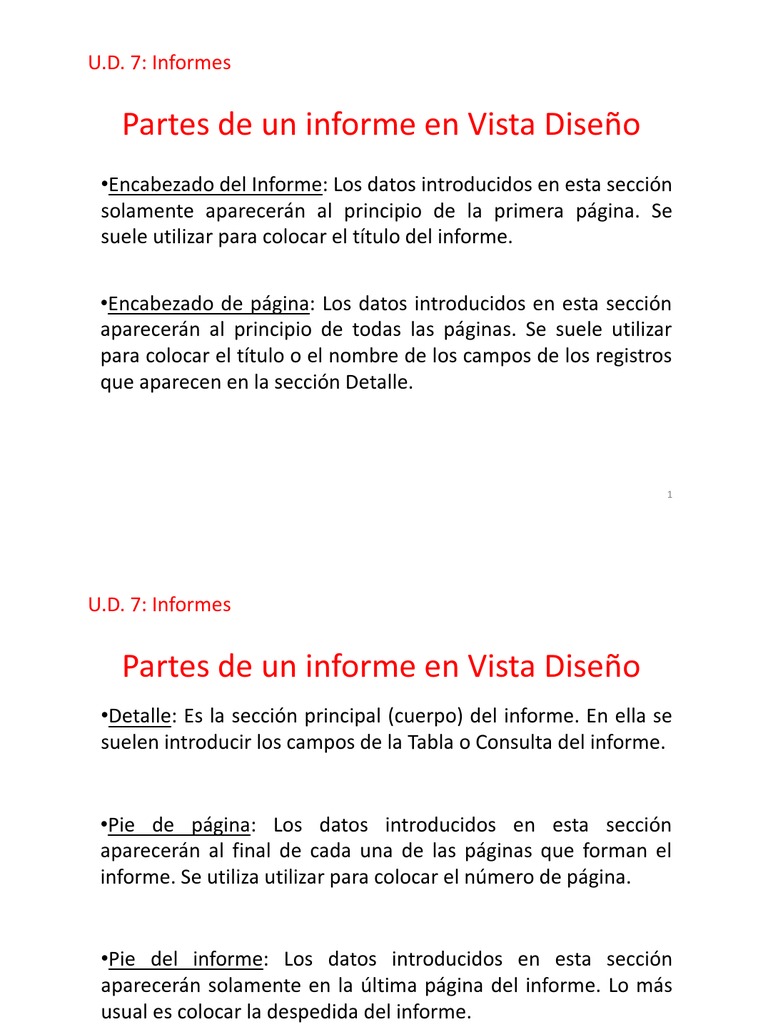 Partes de un informe en Vista Diseño