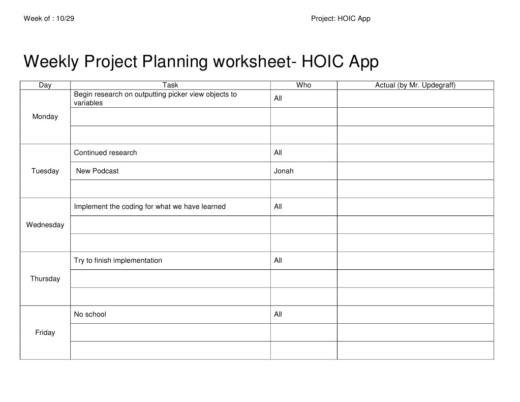 Weekly Project Planning Worksheet 2012 PDF