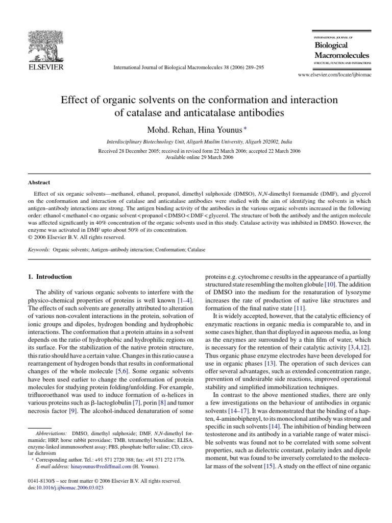 Effect of Organic Solvents Antigen Antibody Interactions PDF Elisa