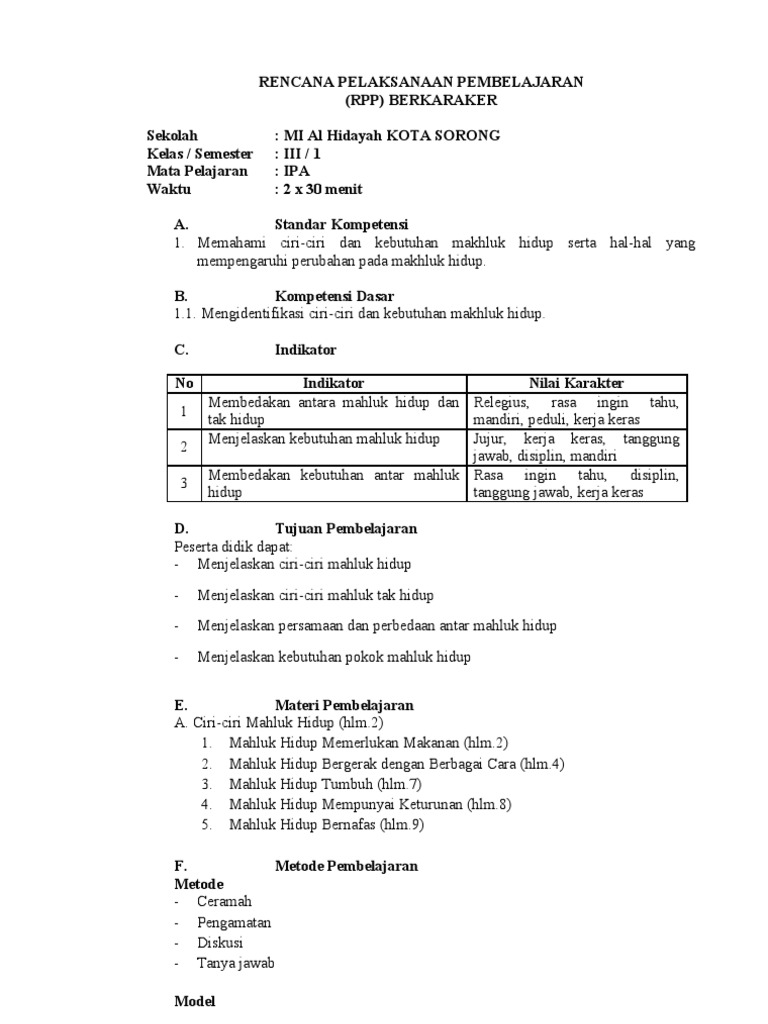 Rpp Kls 3 Ipa Buat 1 Pertemuan Lengkap Soal