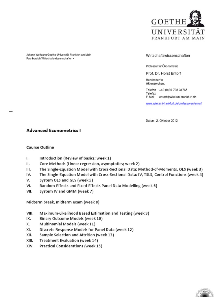 Advanced Econometrics I Course Outline