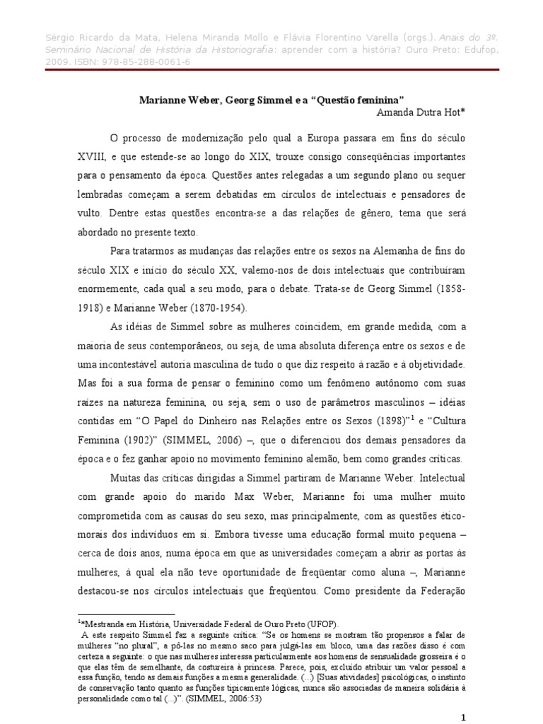 Simmel e Weber: Gênero na Modernidade | PDF | Max Weber | Mulher