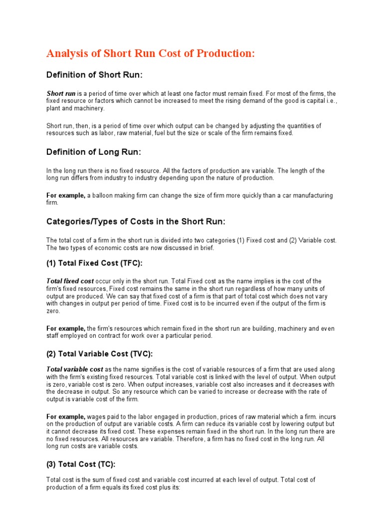 Analysis of Short Run Cost of Production | PDF | Average Cost ...