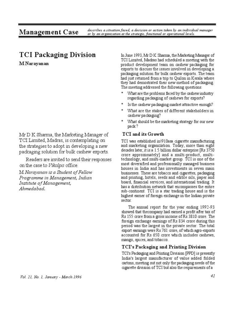 Management Case TCI Packaging Division: M Narayanan | PDF