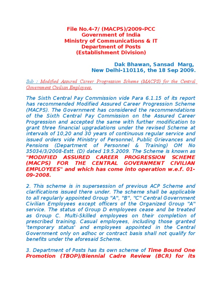MACP Scheme for Central Government Employees | PDF | Board Of Directors ...