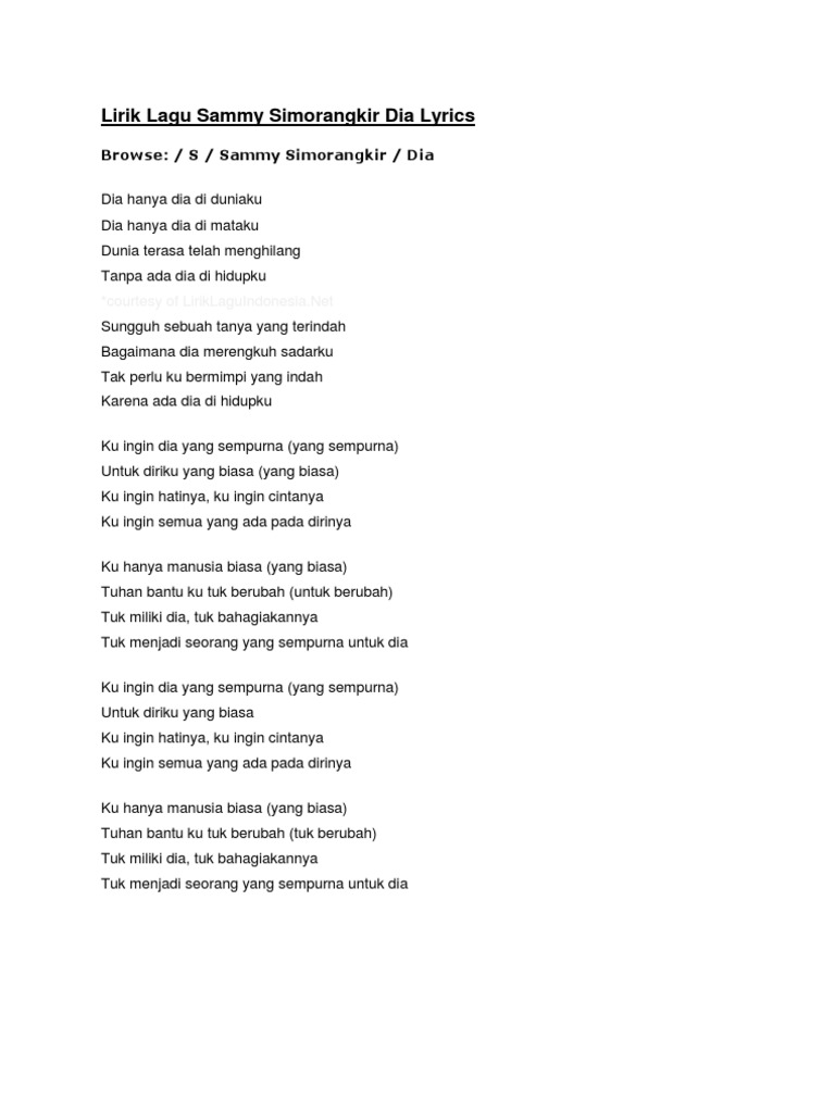 Lirik Lagu Sammy Simorangkir Dia Lyrics