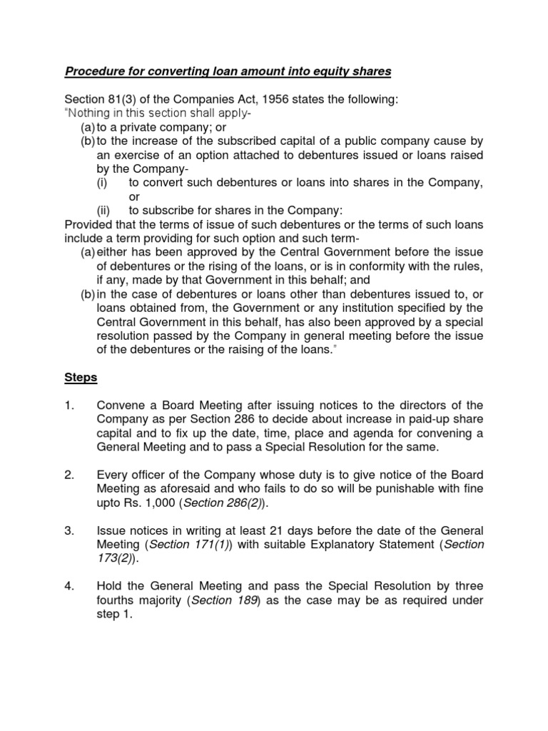 NoteProcedure for Conversion of Loan Amount Into Equity Shares Board