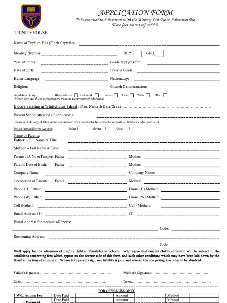 Trinityhouse School Admission Form | PDF | Indemnity | Banks