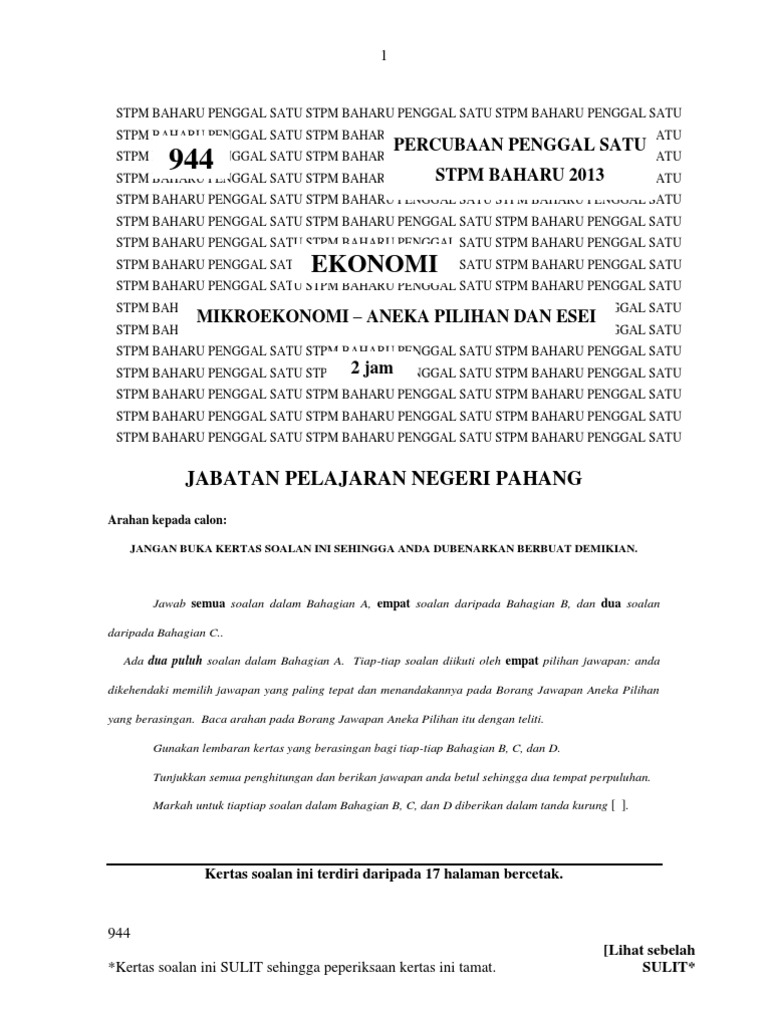 PERCUBAAN STPM BAHARU 2012/2013 - SOALAN EKONOMI PENGGAL 1