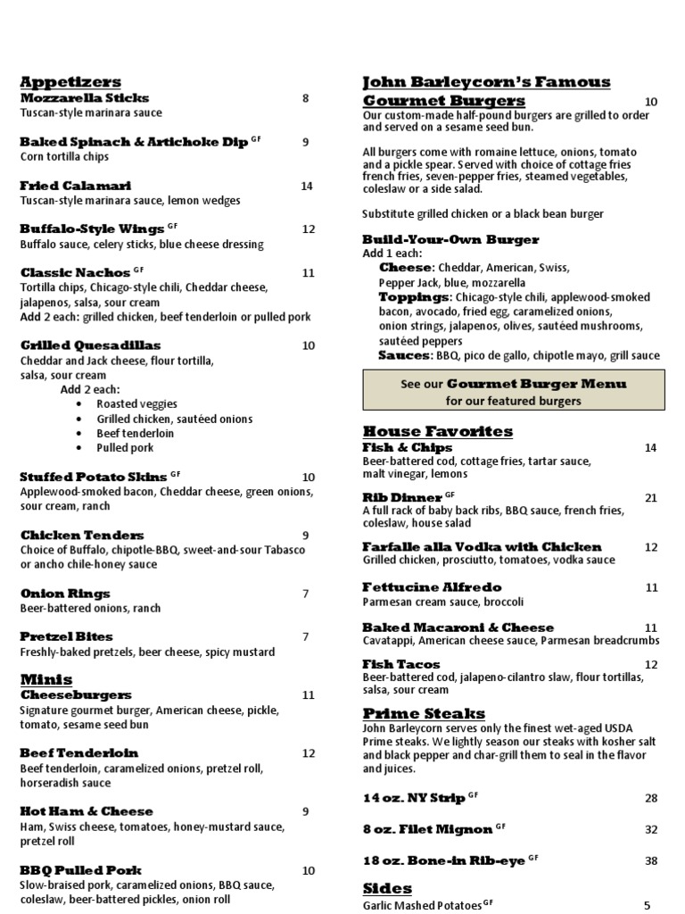 John Barleycorn Menu Salad Hamburgers