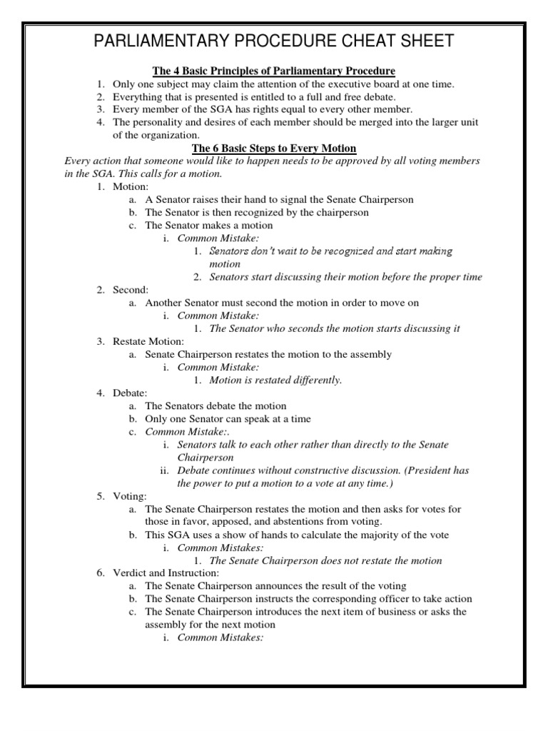 Parliamentary Procedure Cheat Sheet | Meetings | Constitutional Law