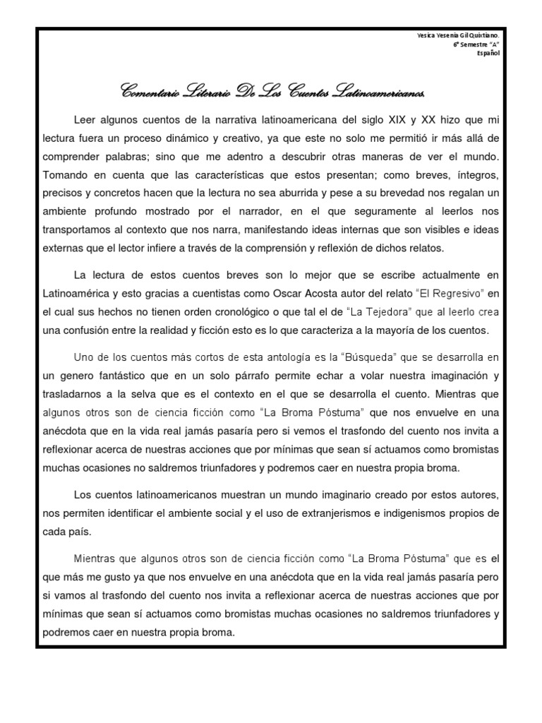 Comentario Literario de Los Cuentos Latinoamericanos PDF | Cuentos | (proceso)