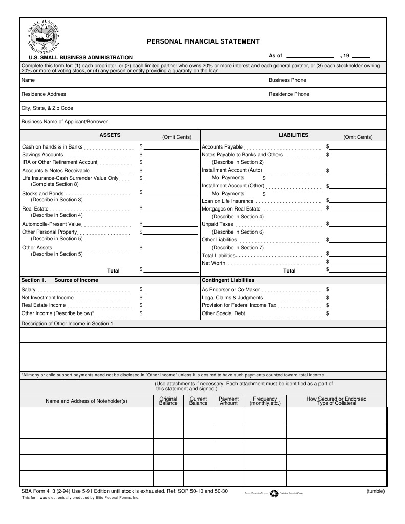 Sba Form 413 Personalfinancialstatement PDF Mortgage Loan Small