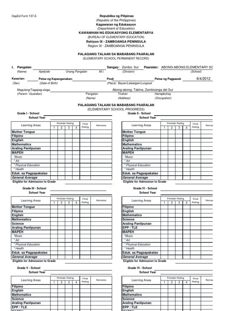 K To 12 DepEd-Form-137-E Correct | PDF