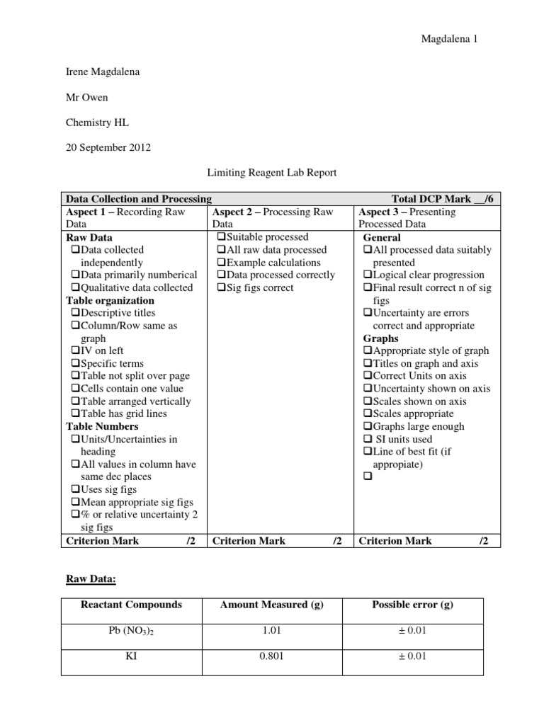 Limiting Reagent Lab Report Mole (Unit) Chemistry