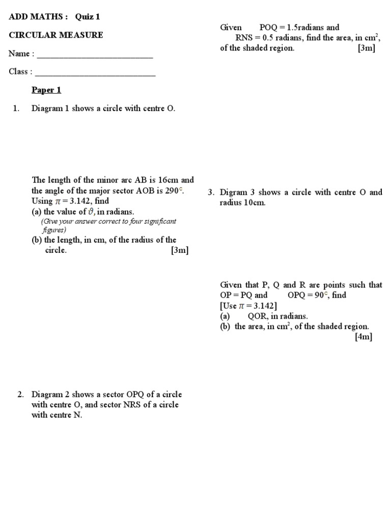 Circular Measure Maths Quiz 1 | PDF | Angle | Physical Quantities