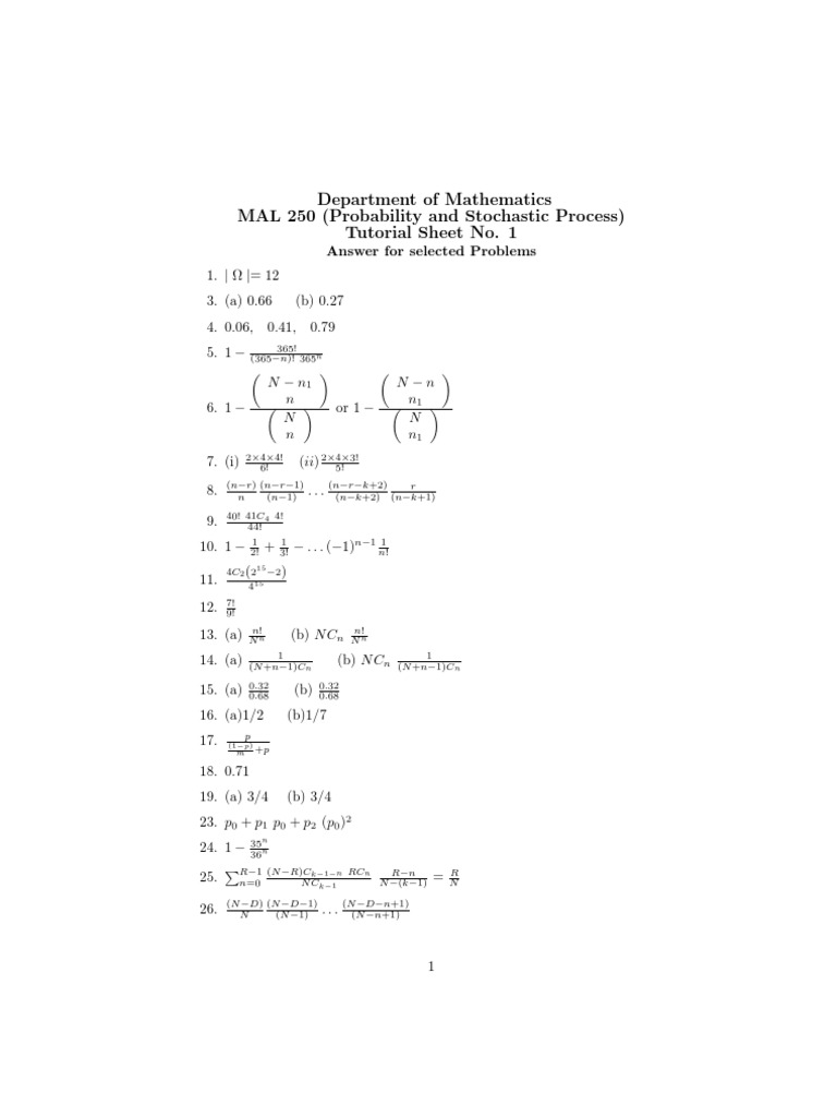 Department of Mathematics MAL 250 (Probability and Stochastic Process ...
