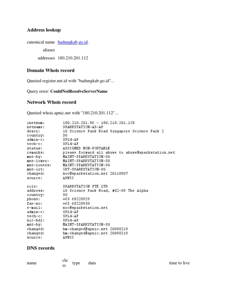 Address Lookup: Canonical Name - . Aliases Addresses 180.210.201.112 | PDF