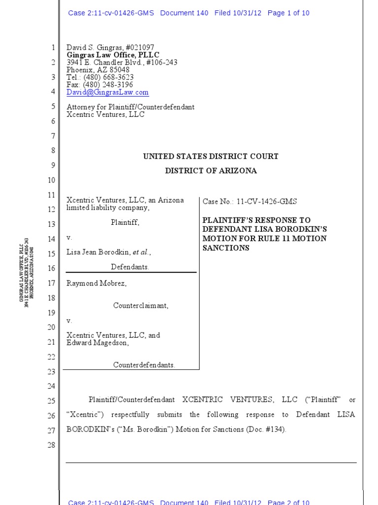 Ripoff Report's Response To Lisa Borodkin's Motion For Rule 11