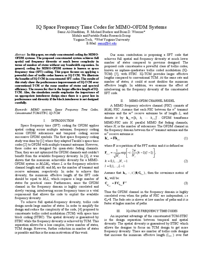 IQ Space Frequency Time Codes For MIMO-OFDM Systems: Samir@vt - Edu ...