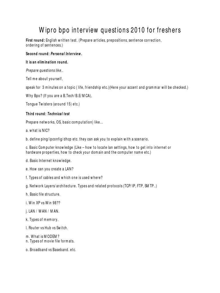 Wipro Bpo Interview Questions 2010 For Freshers PDF Local Area Network Computer Network